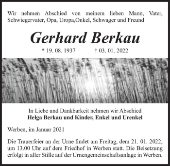 Traueranzeige von Gerhard Berkau  von Magdeburger Volksstimme