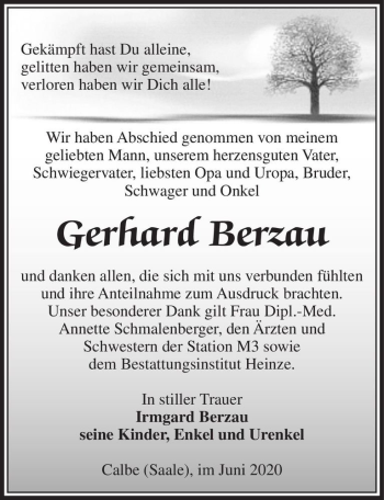 Traueranzeige von Gerhard Berzau  von Magdeburger Volksstimme