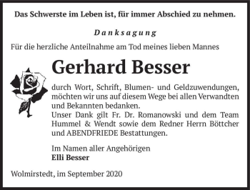 Traueranzeige von Gerhard Besser  von Magdeburger Volksstimme