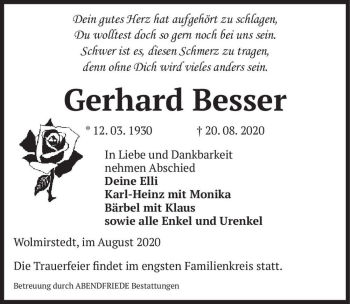 Traueranzeige von Gerhard Besser  von Magdeburger Volksstimme