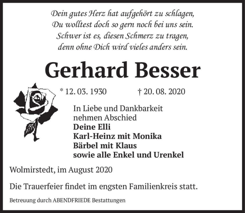  Traueranzeige für Gerhard Besser  vom 29.08.2020 aus Magdeburger Volksstimme