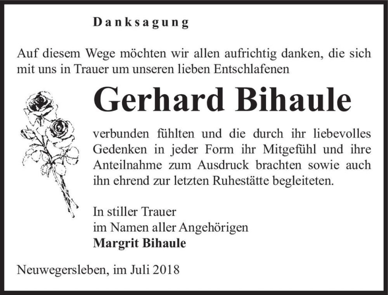  Traueranzeige für Gerhard Bihaule  vom 14.07.2018 aus Magdeburger Volksstimme