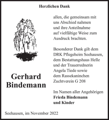 Traueranzeige von Gerhard Bindemann  von Magdeburger Volksstimme