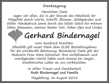Traueranzeige von Gerhard Bindernagel  von Magdeburger Volksstimme