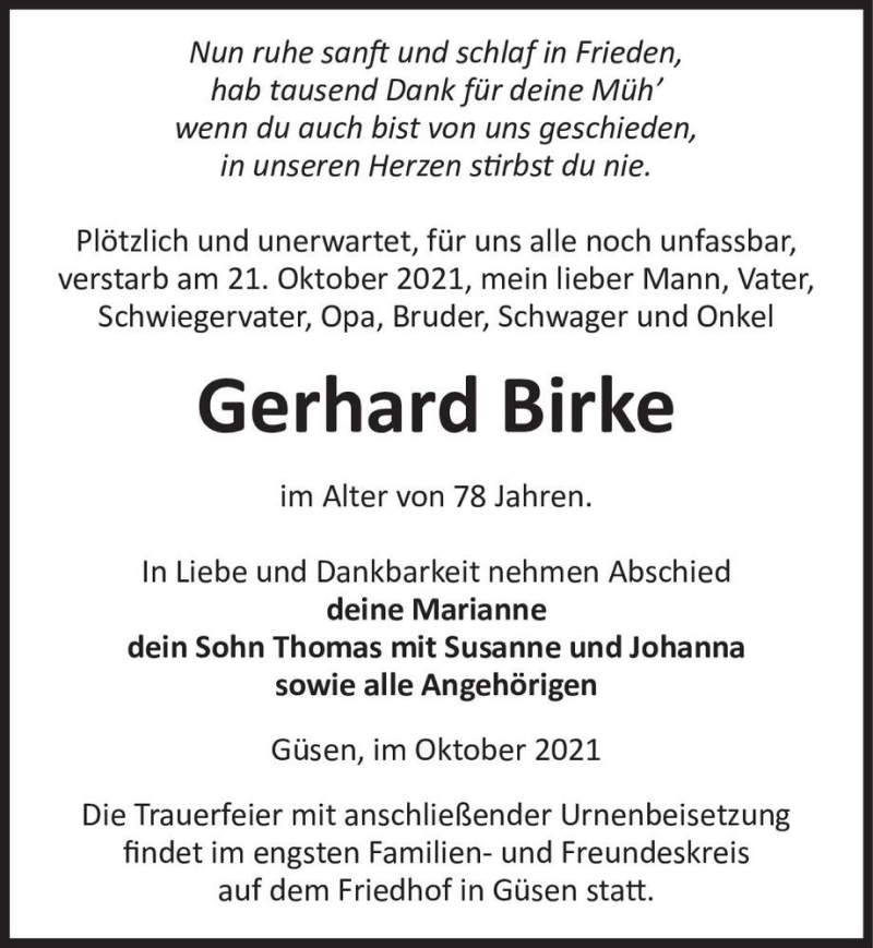  Traueranzeige für Gerhard Birke  vom 27.10.2021 aus Magdeburger Volksstimme