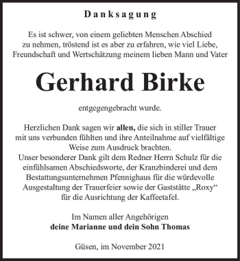 Traueranzeige von Gerhard Birke  von Magdeburger Volksstimme