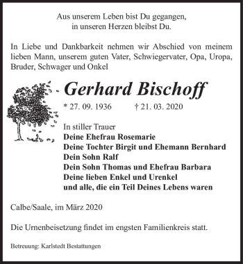 Traueranzeige von Gerhard Bischoff  von Magdeburger Volksstimme