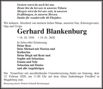 Traueranzeige von Gerhard Blankenburg  von Magdeburger Volksstimme