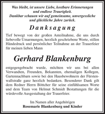 Traueranzeige von Gerhard Blankenburg  von Magdeburger Volksstimme