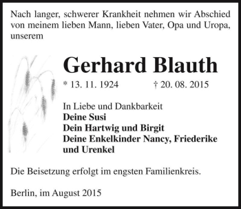 Traueranzeige von Gerhard Blauth  von Magdeburger Volksstimme