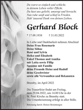 Traueranzeige von Gerhard Block  von Magdeburger Volksstimme