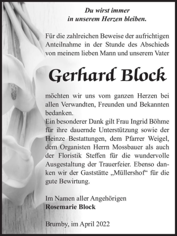 Traueranzeige von Gerhard Block  von Magdeburger Volksstimme