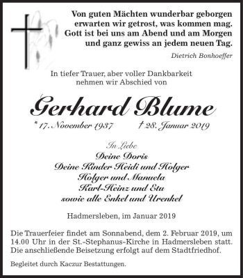 Traueranzeige von Gerhard Blume  von Magdeburger Volksstimme