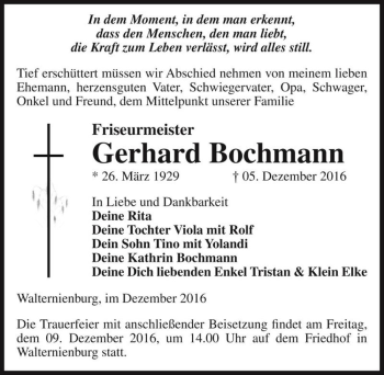 Traueranzeige von Gerhard Bochmann  von Magdeburger Volksstimme