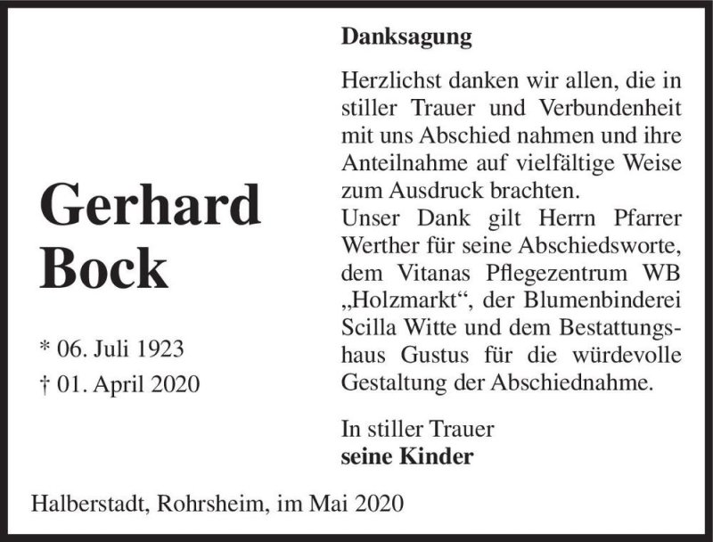  Traueranzeige für Gerhard Bock  vom 16.05.2020 aus Magdeburger Volksstimme
