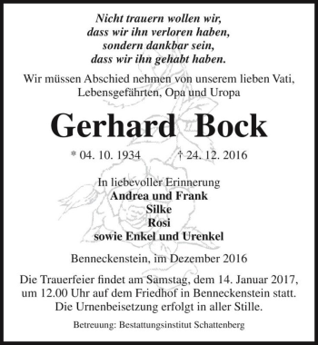 Traueranzeige von Gerhard Bock  von Magdeburger Volksstimme