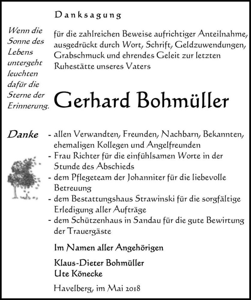  Traueranzeige für Gerhard Bohmüller  vom 01.06.2018 aus Magdeburger Volksstimme