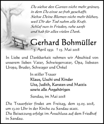 Traueranzeige von Gerhard Bohmüller  von Magdeburger Volksstimme