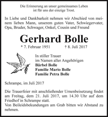 Traueranzeige von Gerhard Bolle  von Magdeburger Volksstimme