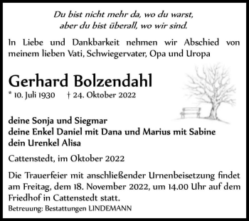 Traueranzeige von Gerhard Bolzendahl  von Magdeburger Volksstimme