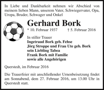Traueranzeige von Gerhard Bork  von Magdeburger Volksstimme