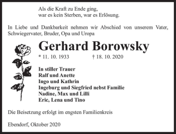 Traueranzeige von Gerhard Borowsky  von Magdeburger Volksstimme