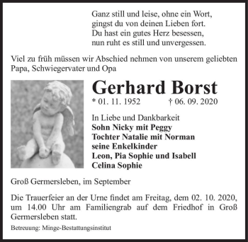 Traueranzeige von Gerhard Borst  von Magdeburger Volksstimme
