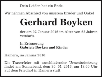 Traueranzeige von Gerhard Boyken  von Magdeburger Volksstimme