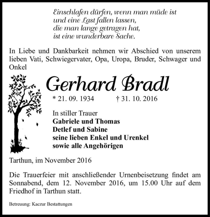  Traueranzeige für Gerhard Bradl  vom 04.11.2016 aus Magdeburger Volksstimme