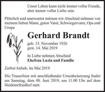 Traueranzeige von Gerhard Brandt  von Magdeburger Volksstimme