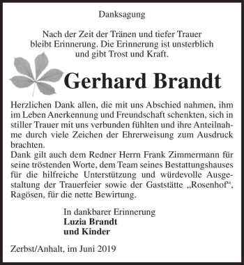 Traueranzeige von Gerhard Brandt  von Magdeburger Volksstimme