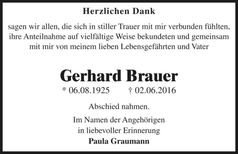  Traueranzeige für Gerhard Brauer  vom 02.07.2016 aus Magdeburger Volksstimme