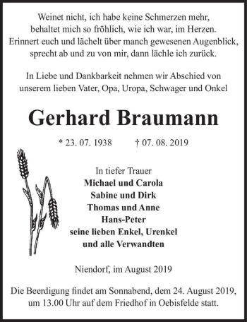Traueranzeige von Gerhard Braumann  von Magdeburger Volksstimme