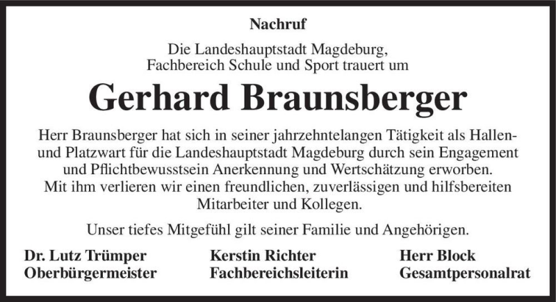  Traueranzeige für Gerhard Braunsberger  vom 01.10.2021 aus Magdeburger Volksstimme