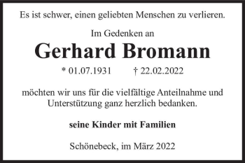 Traueranzeige von Gerhard Bromann  von Magdeburger Volksstimme