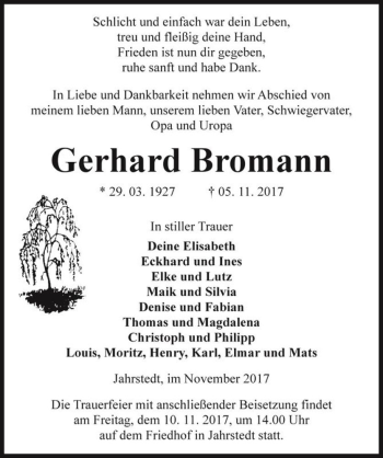 Traueranzeige von Gerhard Bromann  von Magdeburger Volksstimme