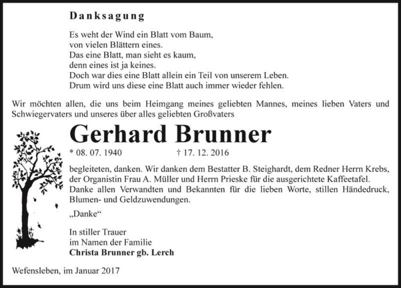  Traueranzeige für Gerhard Brunner  vom 14.01.2017 aus Magdeburger Volksstimme
