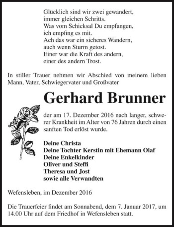 Traueranzeige von Gerhard Brunner  von Magdeburger Volksstimme