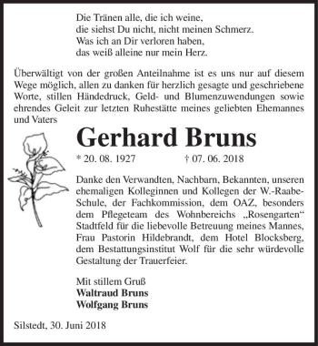 Traueranzeige von Gerhard Bruns  von Magdeburger Volksstimme