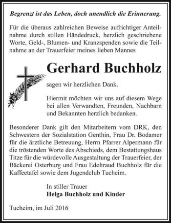 Traueranzeige von Gerhard Buchholz  von Magdeburger Volksstimme