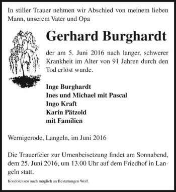 Traueranzeige von Gerhard Burghardt  von Magdeburger Volksstimme
