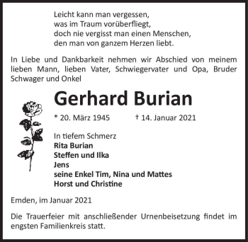 Traueranzeige von Gerhard Burian  von Magdeburger Volksstimme