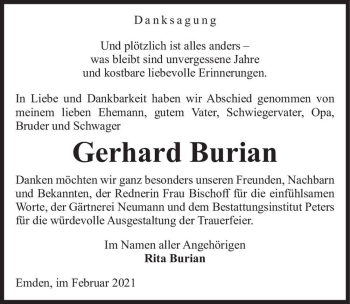 Traueranzeige von Gerhard Burian  von Magdeburger Volksstimme
