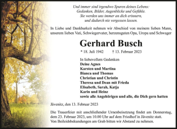 Traueranzeige von Gerhard Busch  von Magdeburger Volksstimme