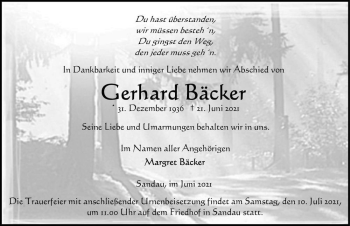 Traueranzeige von Gerhard Bäcker  von Magdeburger Volksstimme