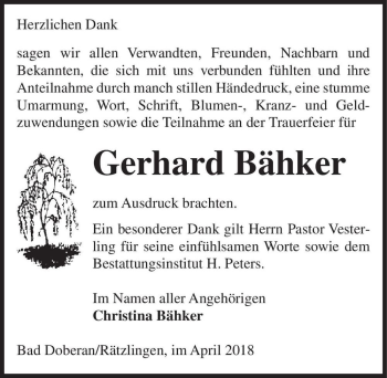 Traueranzeige von Gerhard Bähker  von Magdeburger Volksstimme