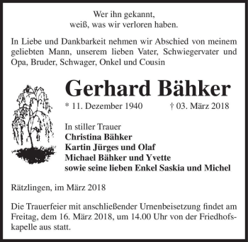 Traueranzeige von Gerhard Bähker  von Magdeburger Volksstimme