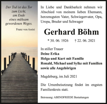 Traueranzeige von Gerhard Böhm  von Magdeburger Volksstimme