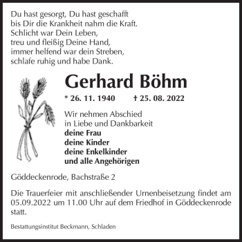 Traueranzeige von Gerhard Böhm  von Magdeburger Volksstimme