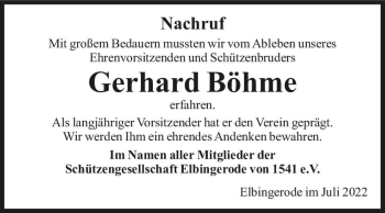 Traueranzeige von Gerhard Böhme  von Magdeburger Volksstimme